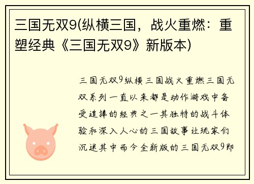 三国无双9(纵横三国，战火重燃：重塑经典《三国无双9》新版本)